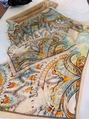 Chico's Sheer Paisley Scarf in Cream, Aqua & Mustard